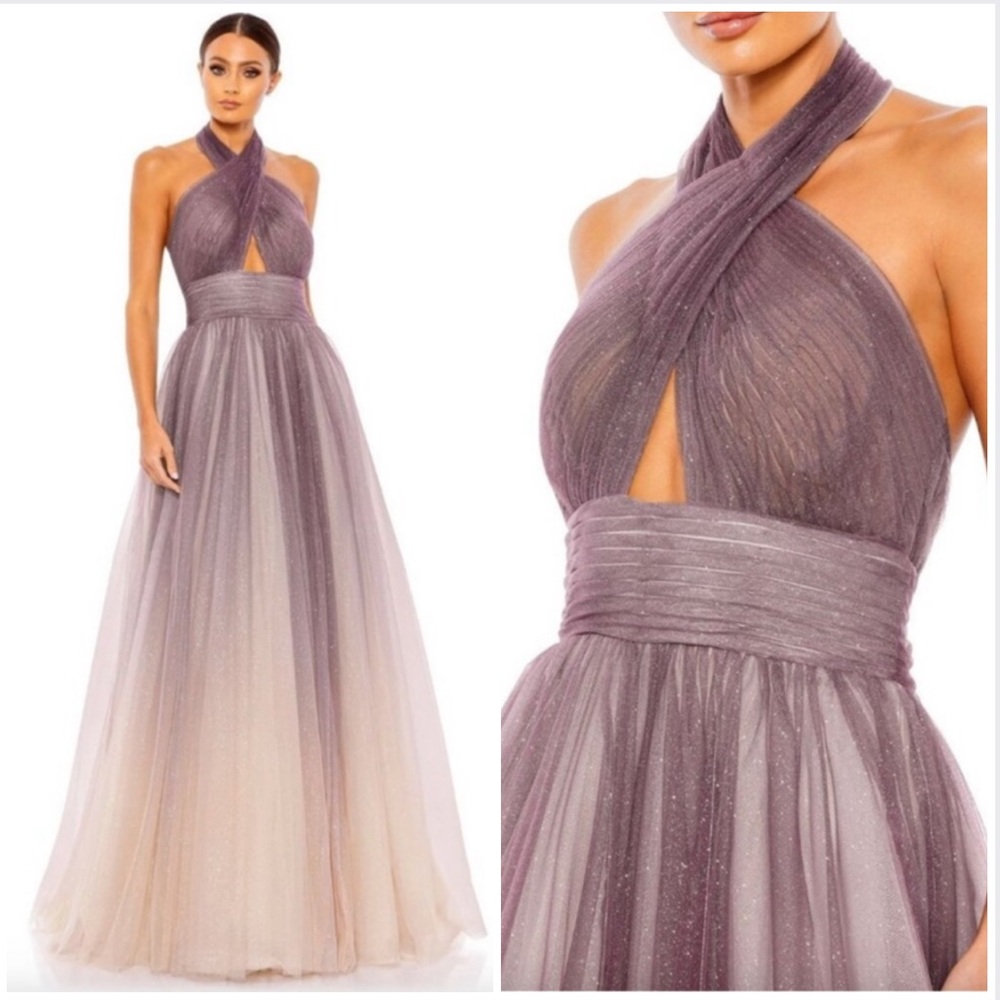 Mac Duggal Multicolor Glitter Ombre Halter Neck Ballgown